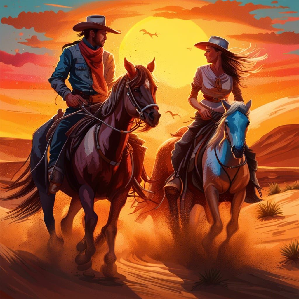 Cowboy and Cowgirl Ride into Sunset: Hyperrealistic Splash A...