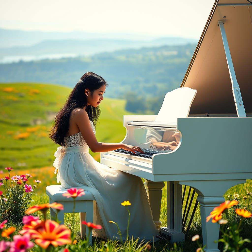 Elegant Woman Plays Piano Under Vibrant Summer Blooms