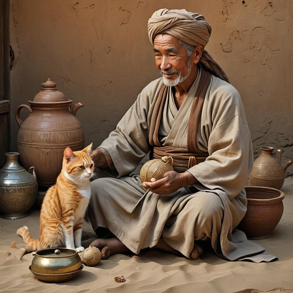Elderly Man and Ginger Cat in Desert Home