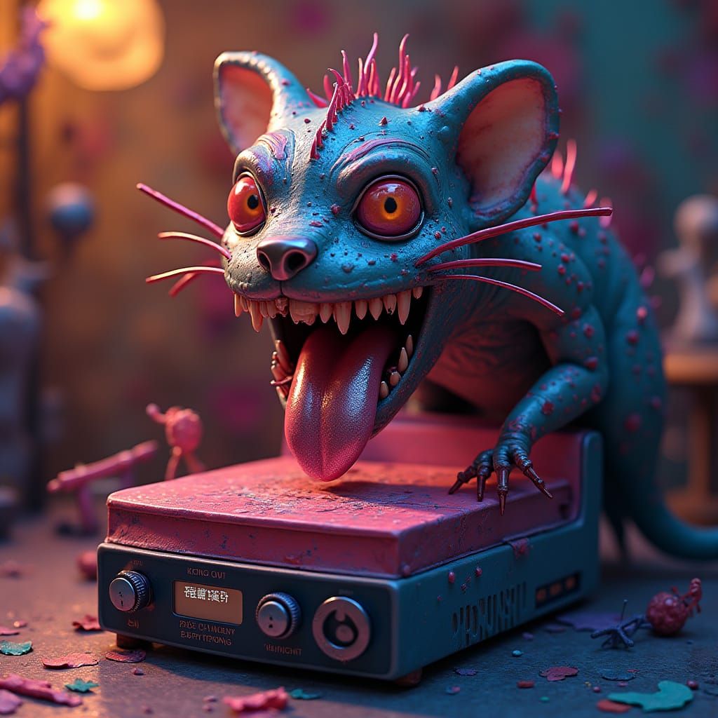 Whimsical Inkjet Printer with Metallic Tongue, Digital Art