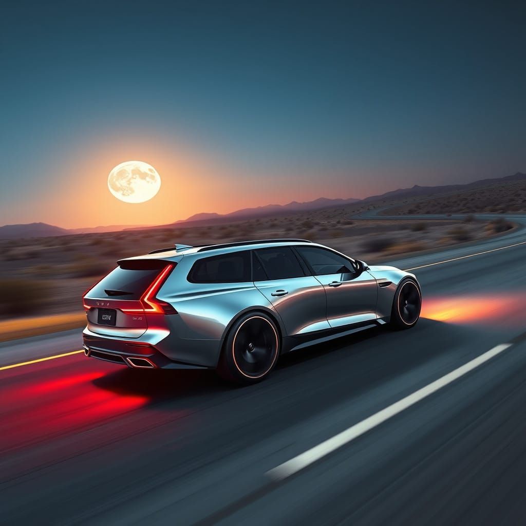 Silver-Red Volvo Station Wagon Speeds Down Highway at Night