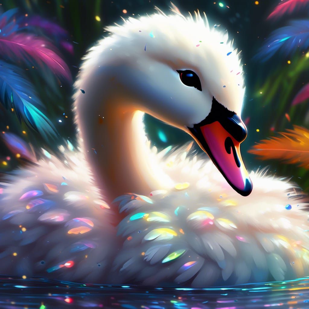 Fluffy Multi-Colored Swan in Impasto Style