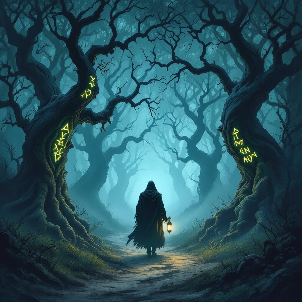 Dark Fantasy Forest Path with Glowing Runes