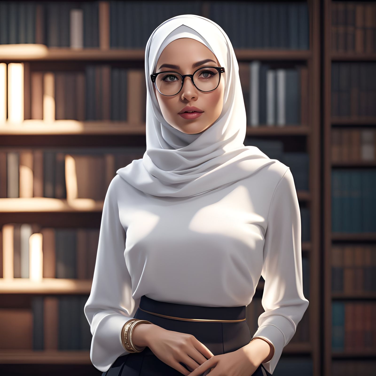 Hijabi Librarian Portrait in Library, Digital Art
