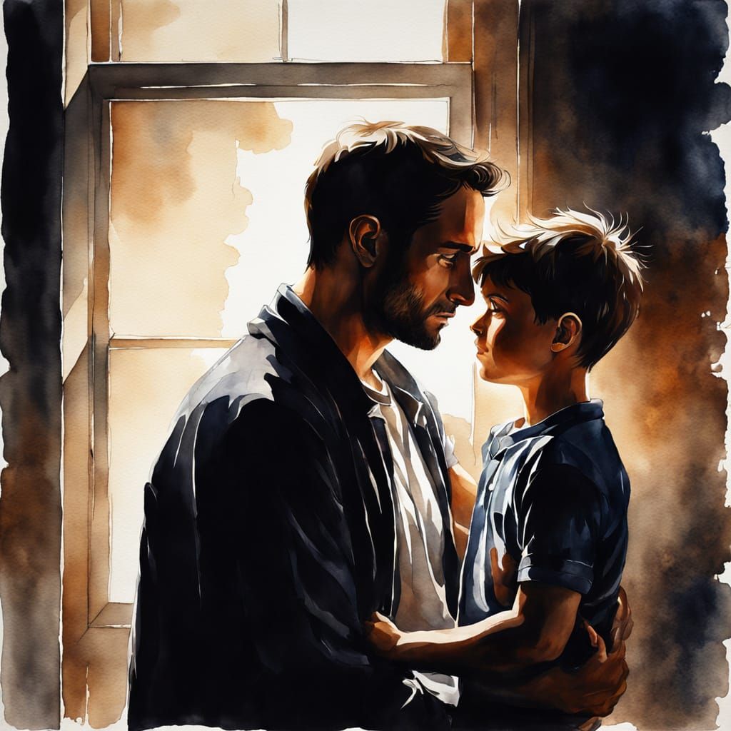 A Father's Gentle Embrace in Soft Chiaroscuro Light