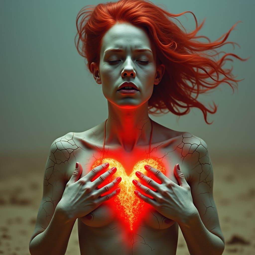 Figure Emitting Red Energy in Mystical Style