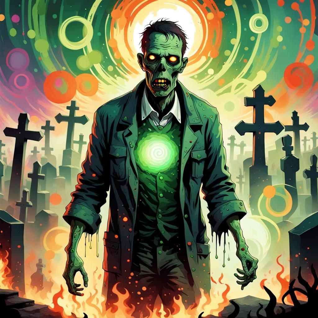 Zombie Ablaze in Cemetery with Green Aura