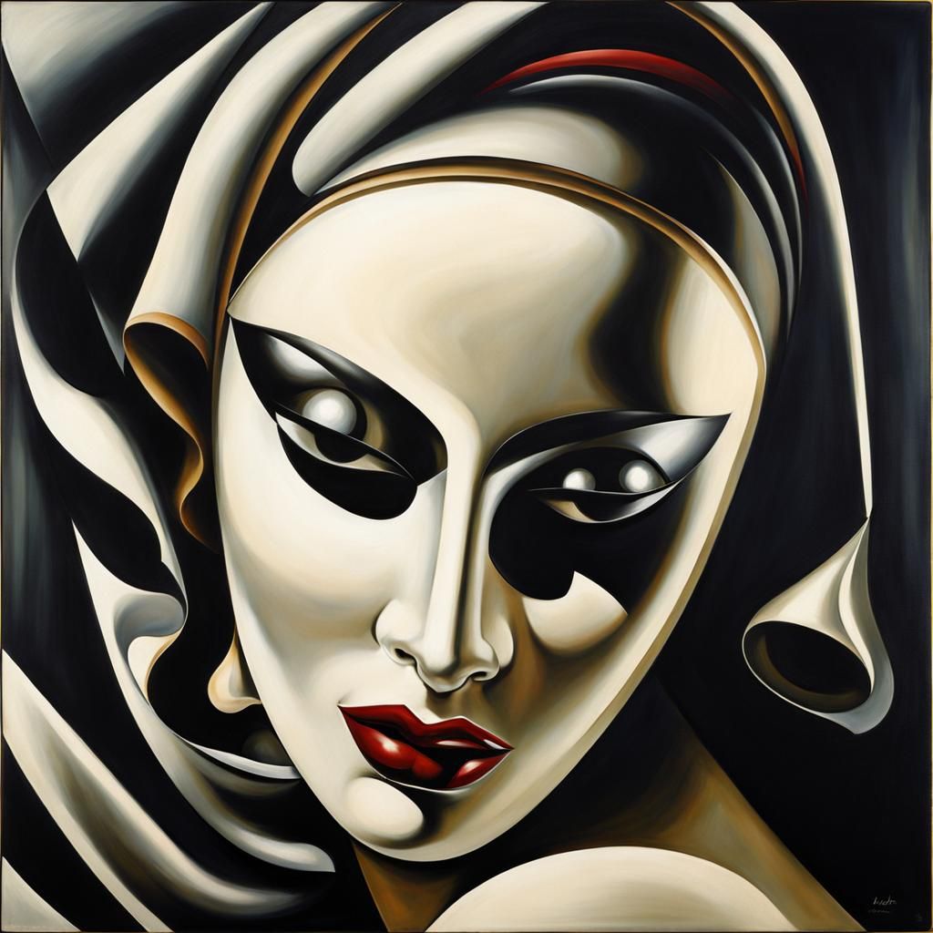 Girl with Death Mask in Art Deco Style