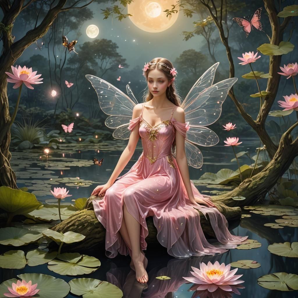 Fairy on a Branch Overlooking Waterlily Pond
