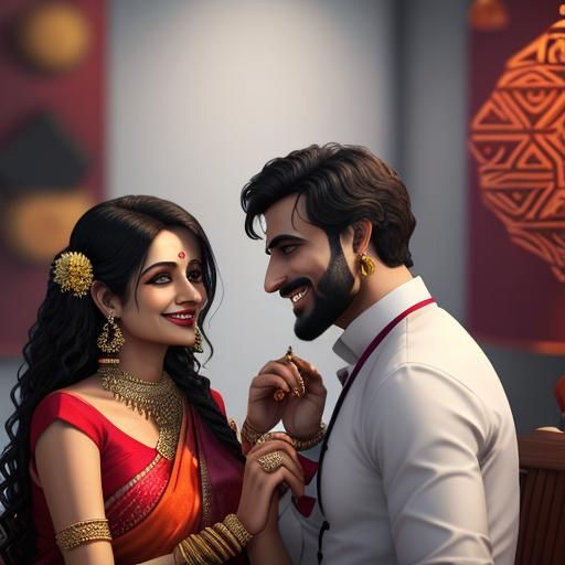 Couple Enjoying Meal in Indian Restaurant with Fractal Eleme...