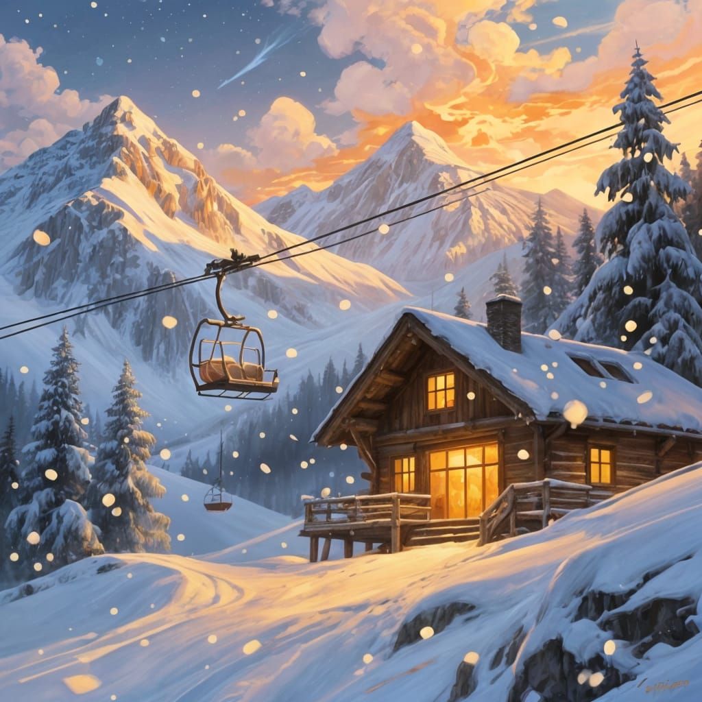 Fantasy Alpine Vista: Rustic Lodge at Sunset
