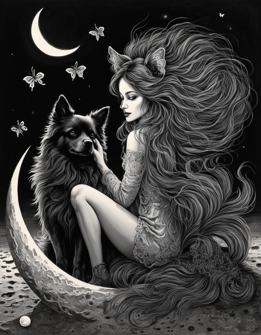 Moonlit Woman with Canine Hair in Ink Art Style