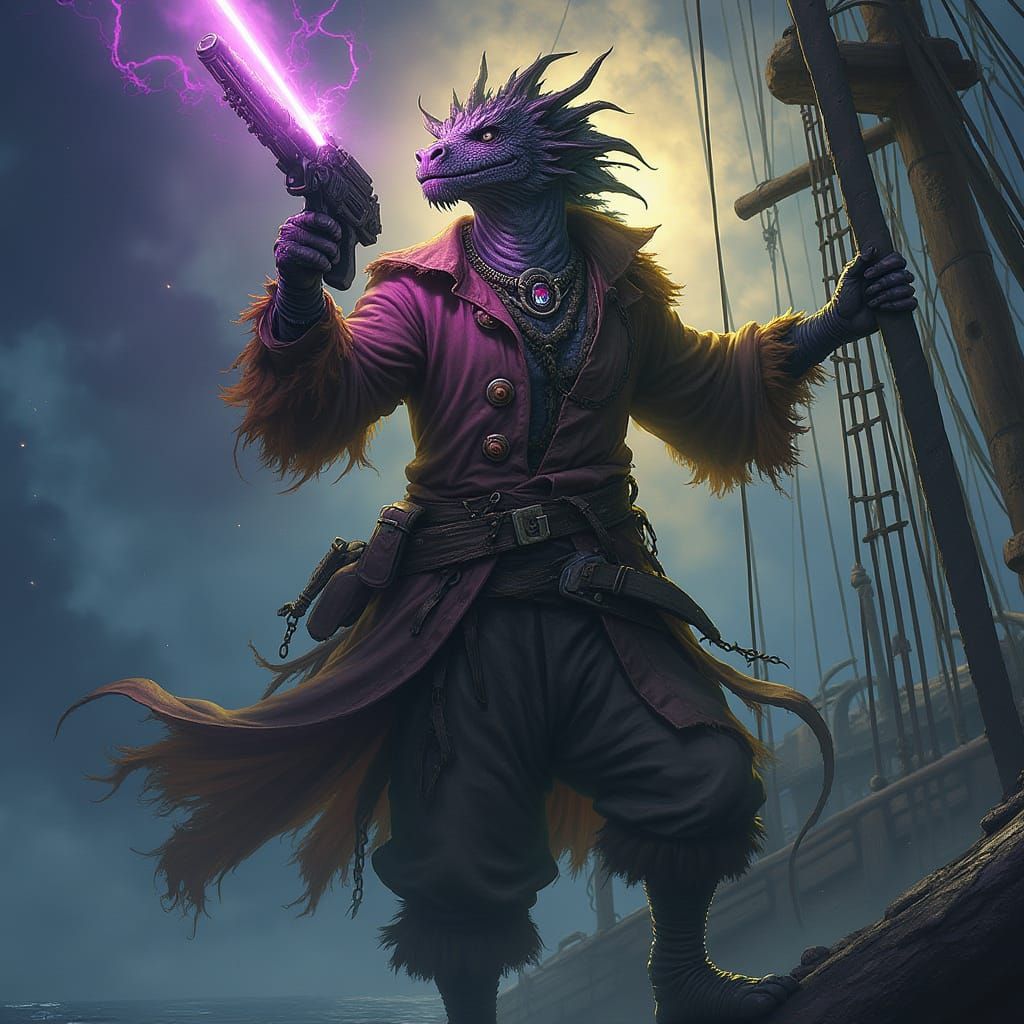 Cyberpunk Pirate Dragon Ascends Mystical Ship's Rigging