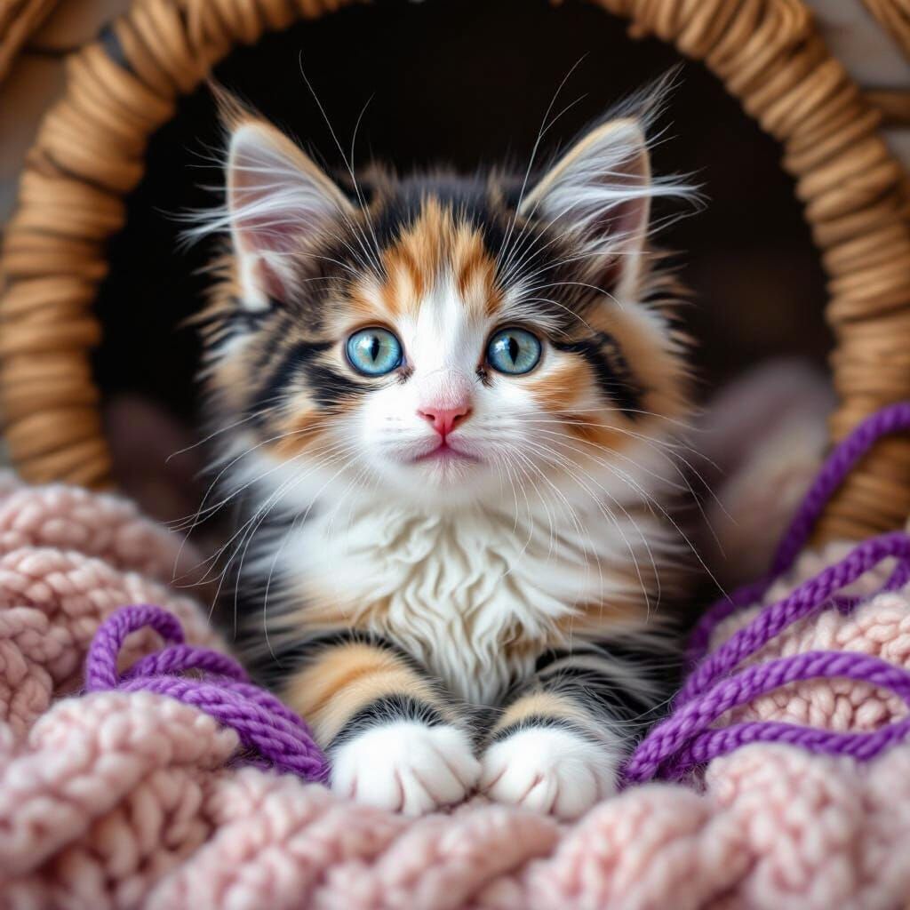 Adorable Calico Kitten Playing with Purple Yarn