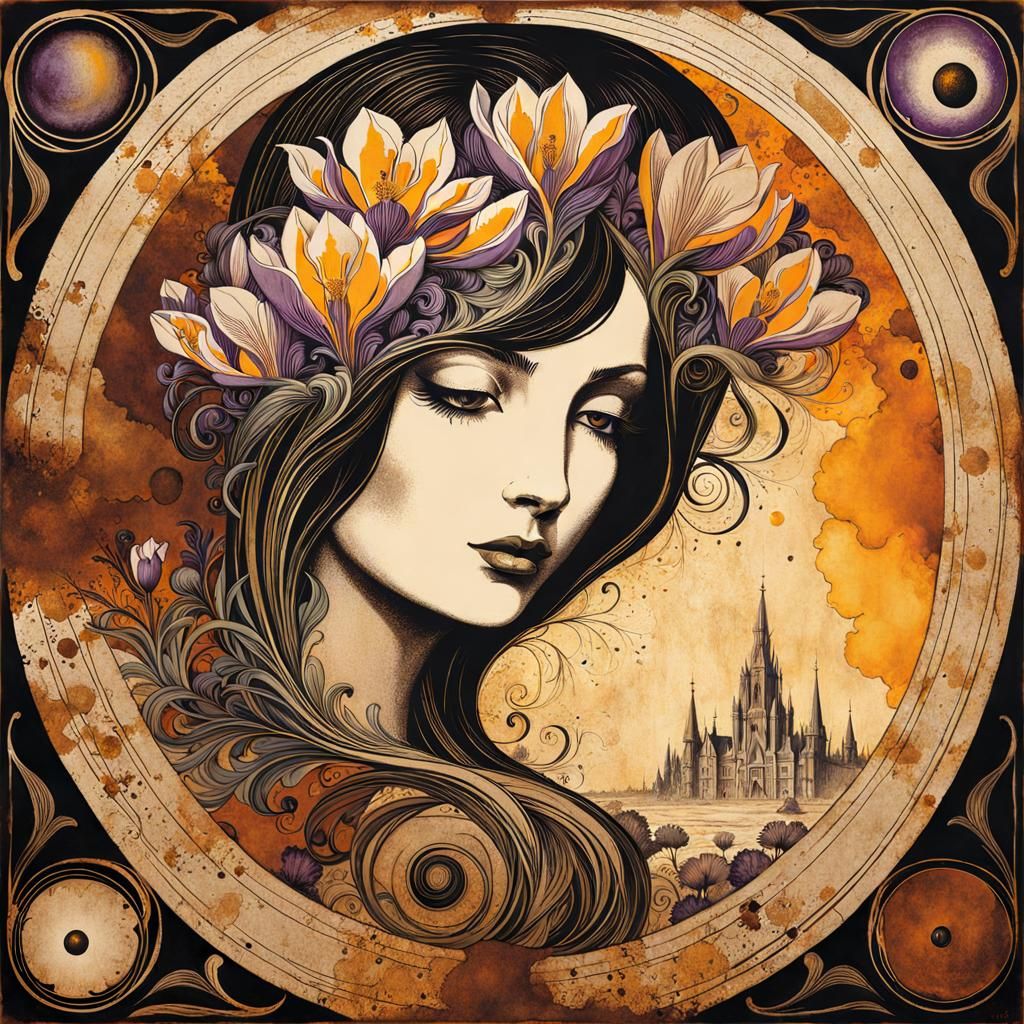 Crocus Maiden in Surrealist Decalcomania Style