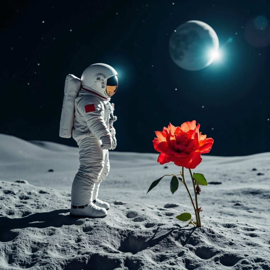 Astronaut Finds Glowing Red Rose on Alien Moonscape