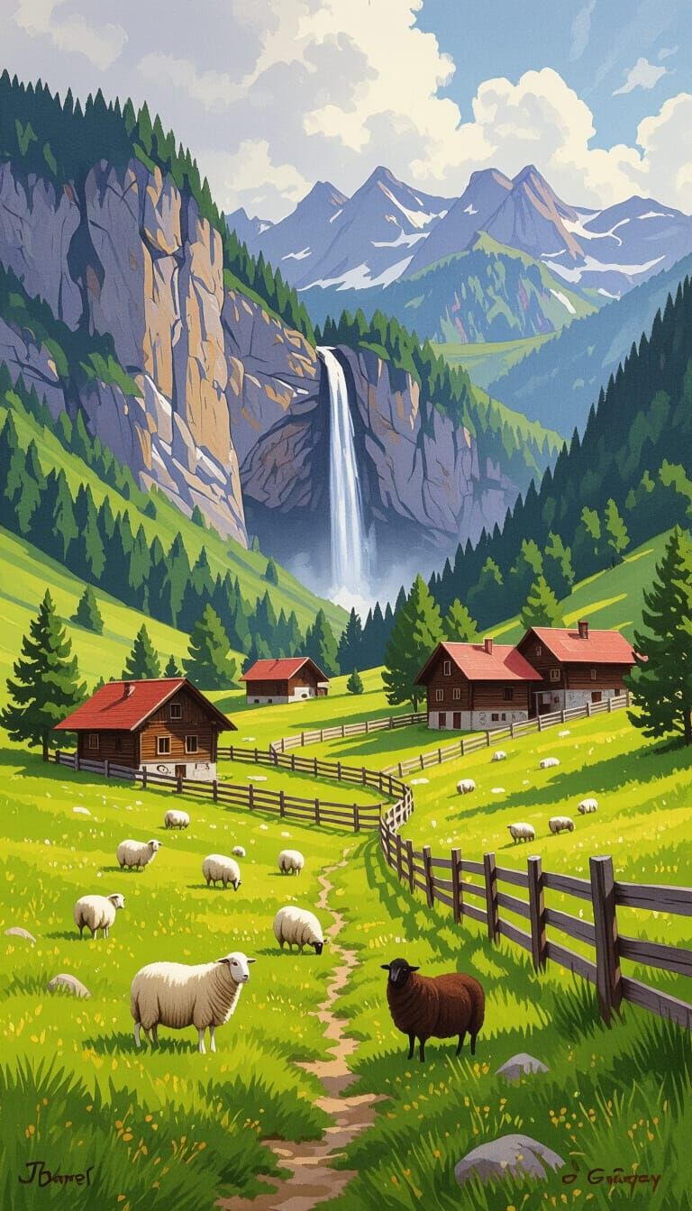 Vibrant Alpine Landscape Oil Painting with Sheep and Waterfa...