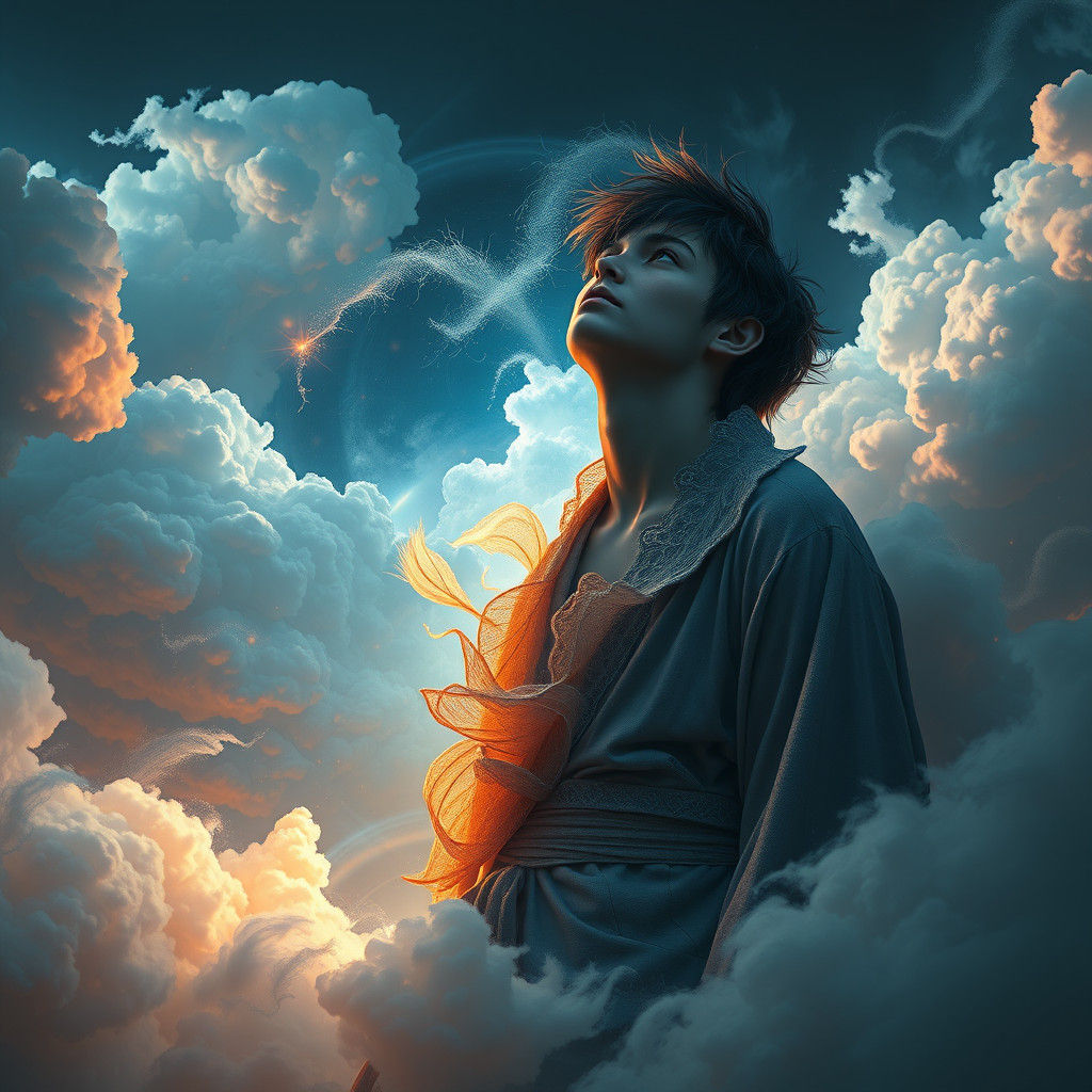 Introspective Turmoil in Dreamlike Fantasy Landscape