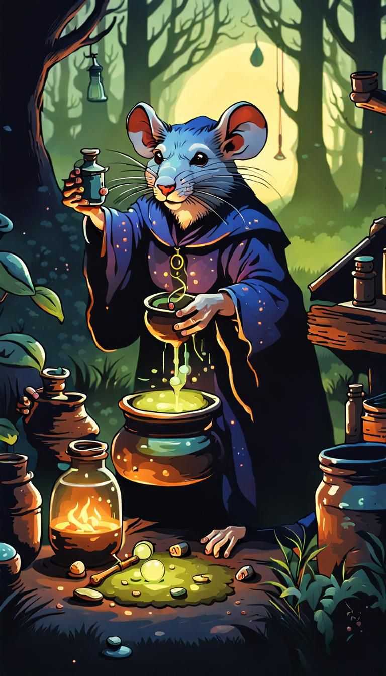 Whimsical Witch Rat Alchemist Brewing Forest Potions