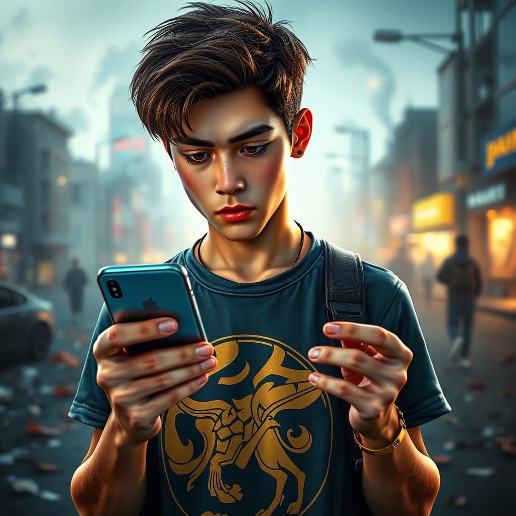 Determined Young Adult Scans QR Code in Hyper-Realistic City...