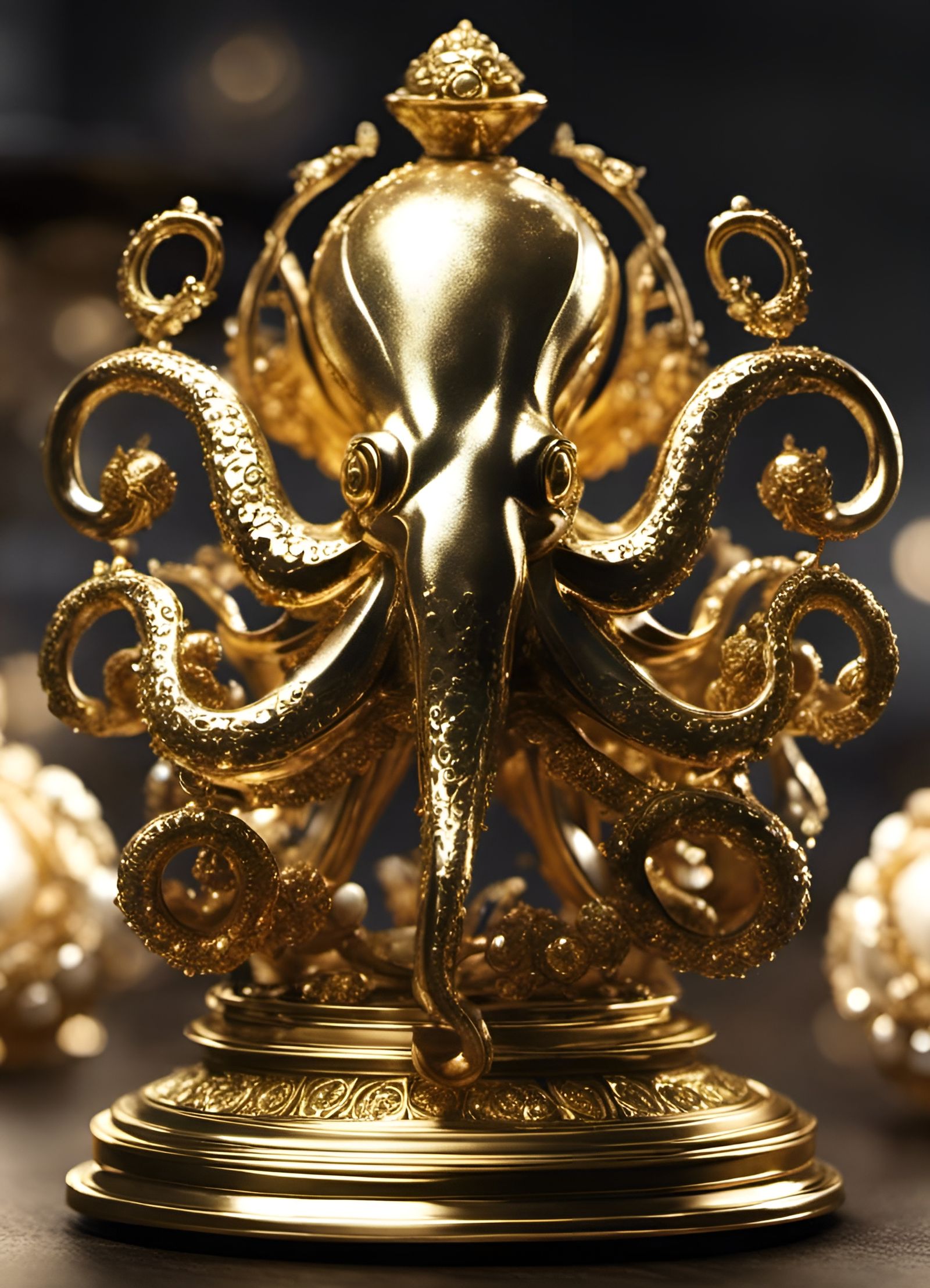 Golden Octopus Trophy with Pearl Inlay, Hyperrealistic Art