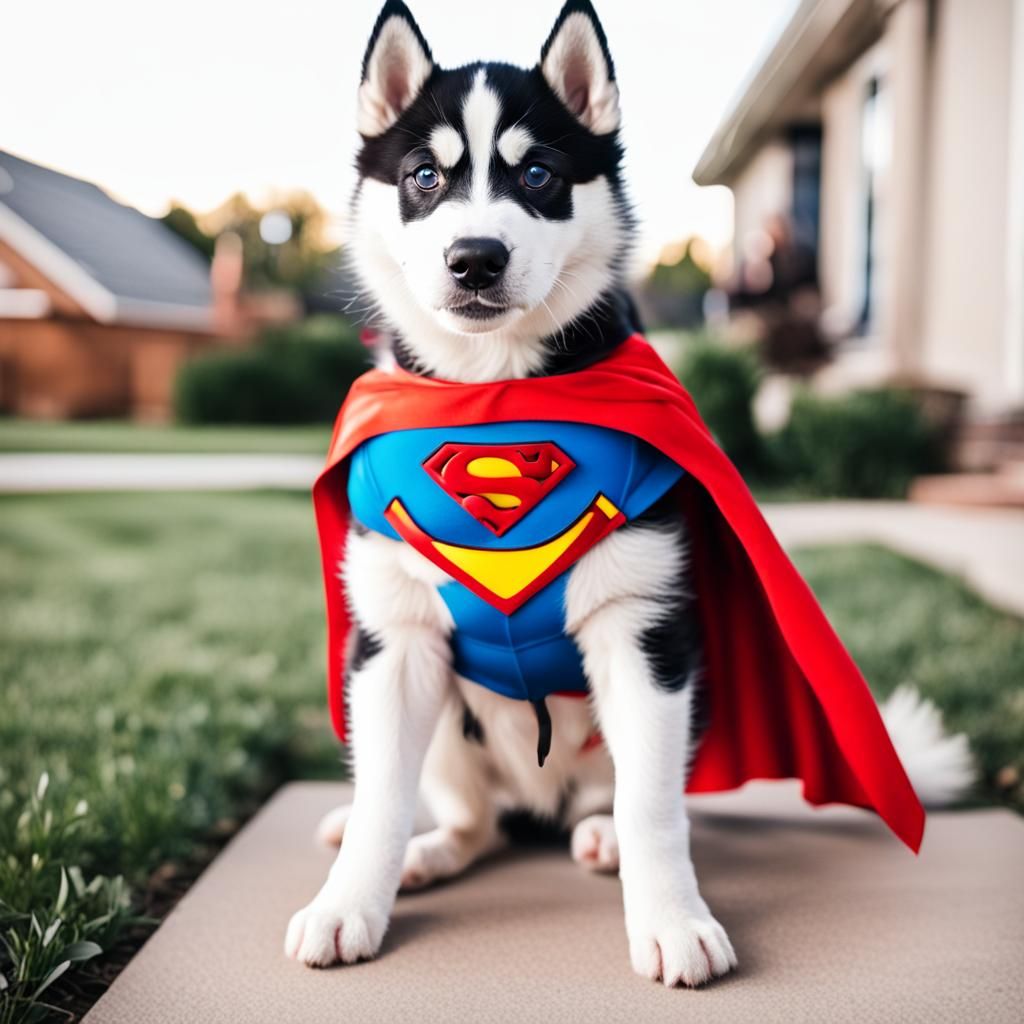 Husky Puppy as Superman for Halloween