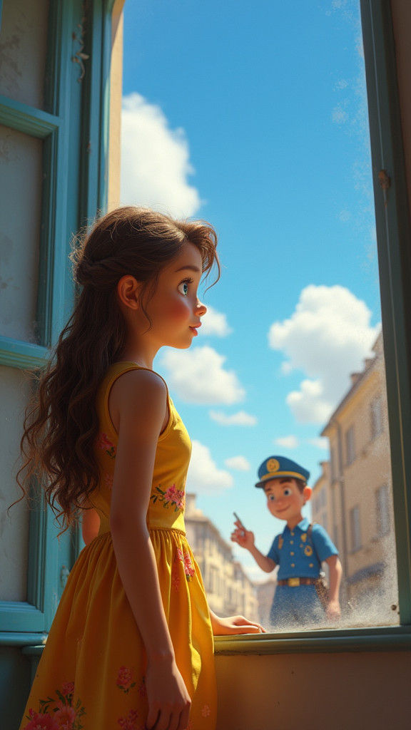 Girl at Window in Animated 3D Style