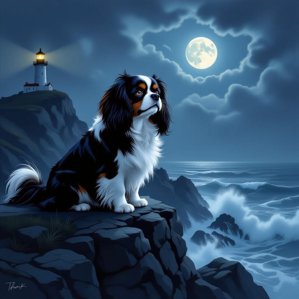 Cavalier King Charles Spaniel on Misty Cliff in Charcoal Sty...