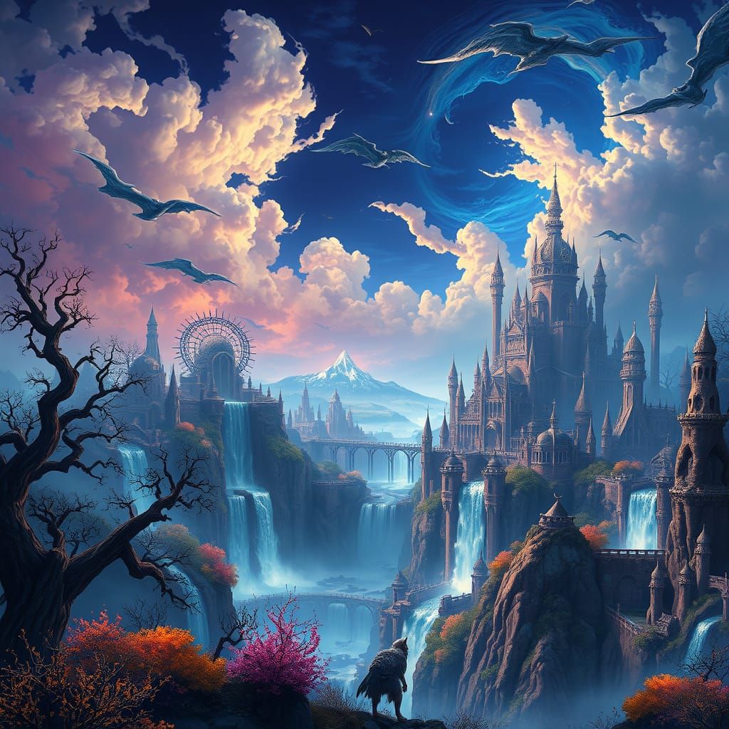 Ethereal Fantasy Realm with Gnarled Trees and Iridescent Wat...