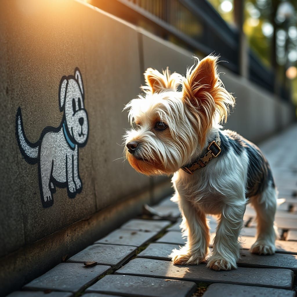 Yorkie Sniffs Chalk Dog: Hyperrealistic Portrait