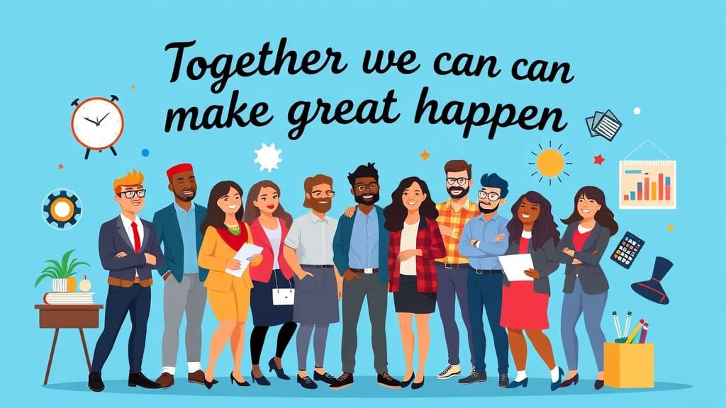 Diverse Teammates Unite in Bright, Flat Vector Art