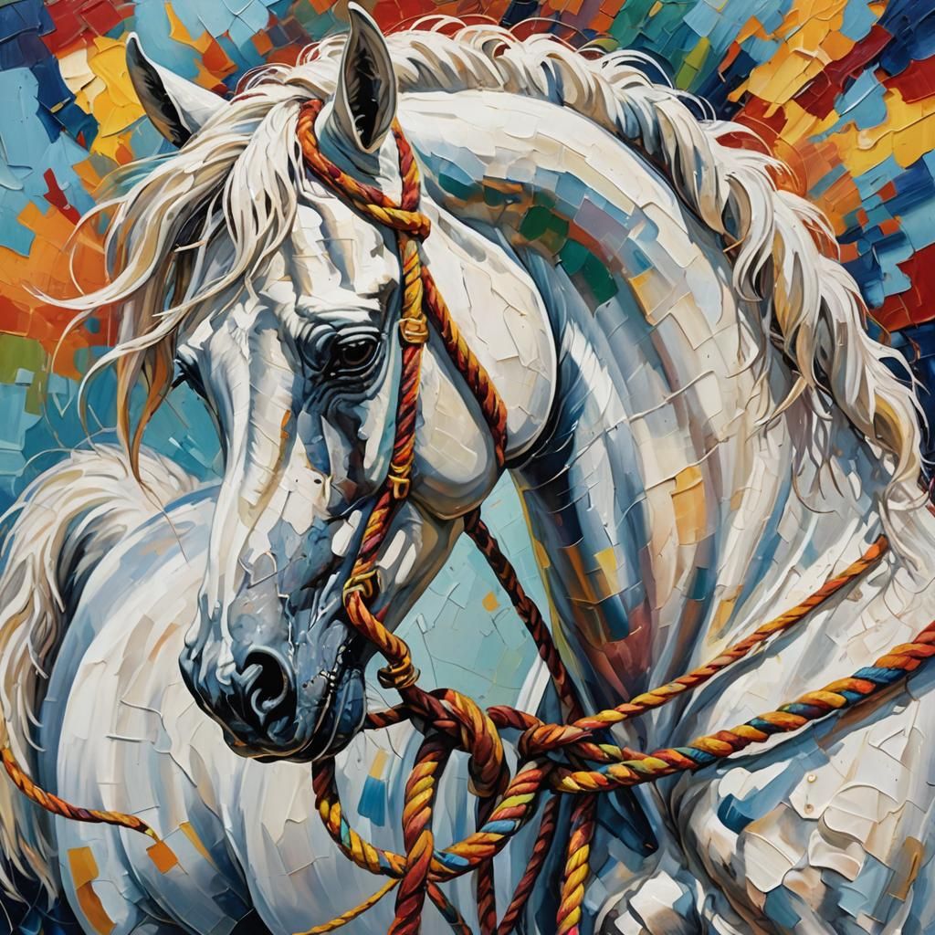 White Horse Breaking Free: Neo-Impressionist Oil Painting
