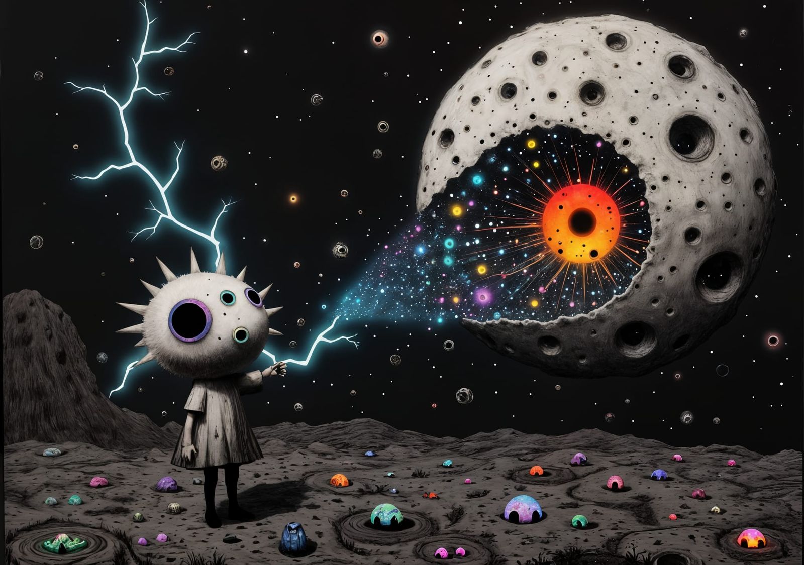 Surreal Mind Shattering on Alien Moon in Vivid Illustration