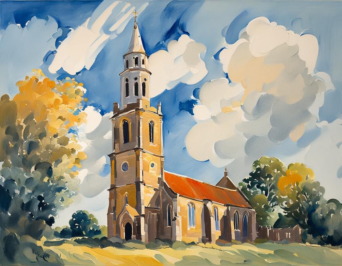 Norfolk Church in Impressionist Gouache Style