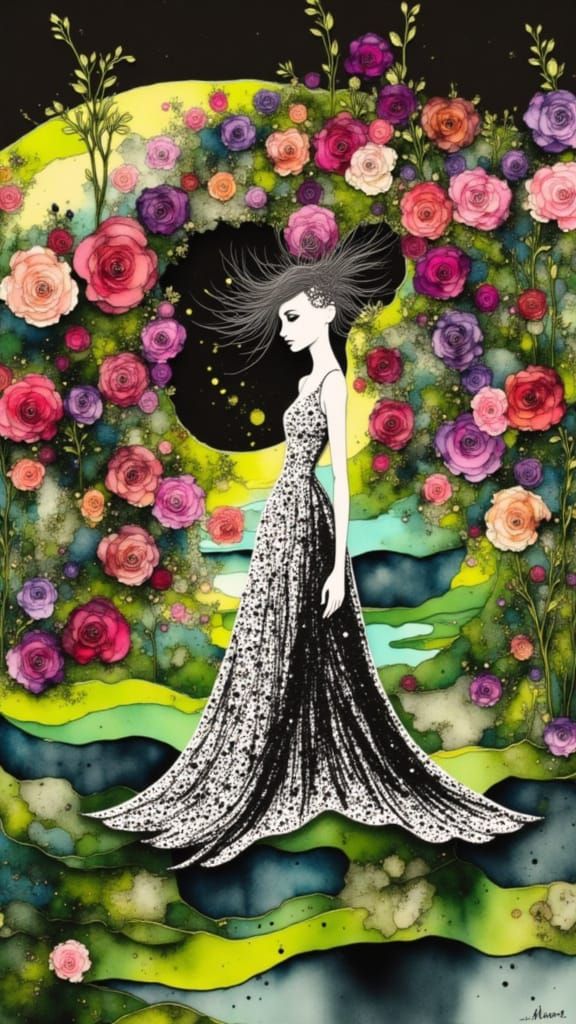 Ethereal Ink Drawing of Woman in Secret Garden