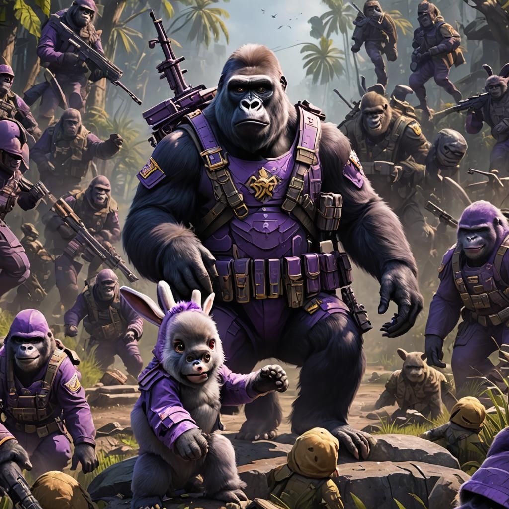 Gorilla in Military Uniform with Bunny, Detailed Matte Paint...