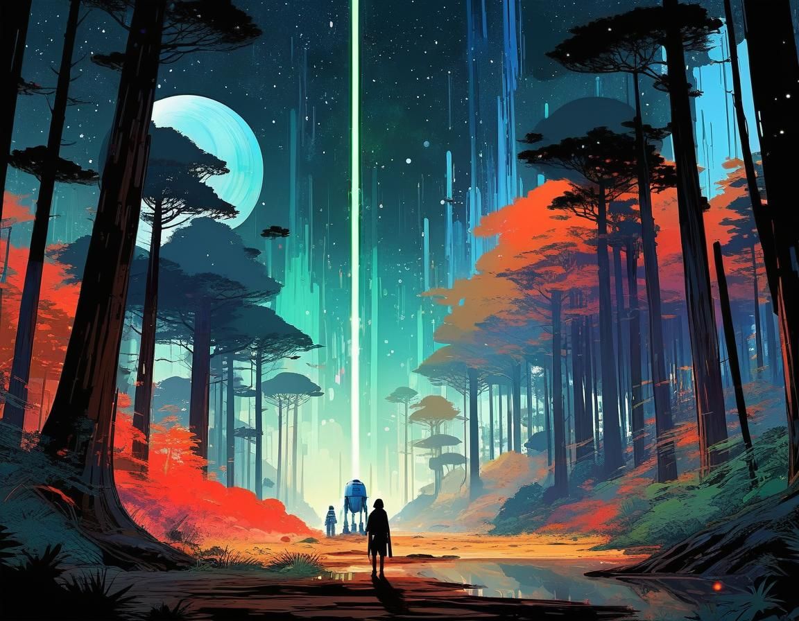 Fantasy Star Wars Redwood Forest Under Nebula Sky