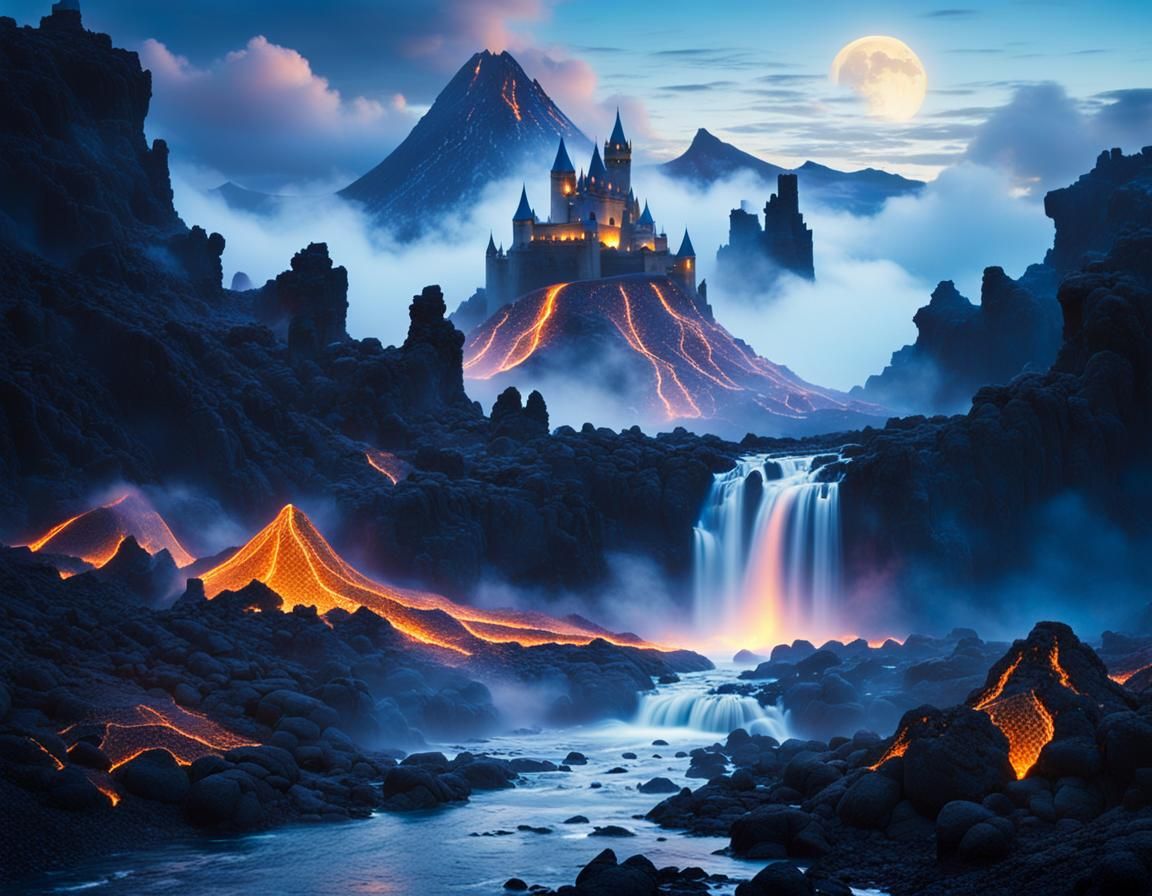 Volcanic Castle Emerging from Lava Fields