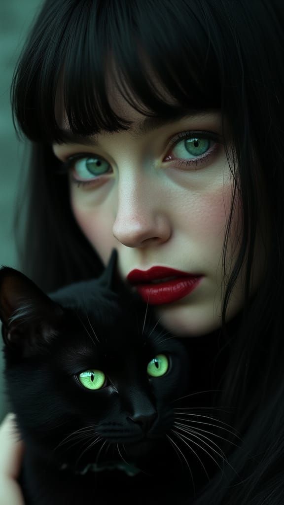 Mysterious Woman with Black Cat: Hyper-Realistic Portrait