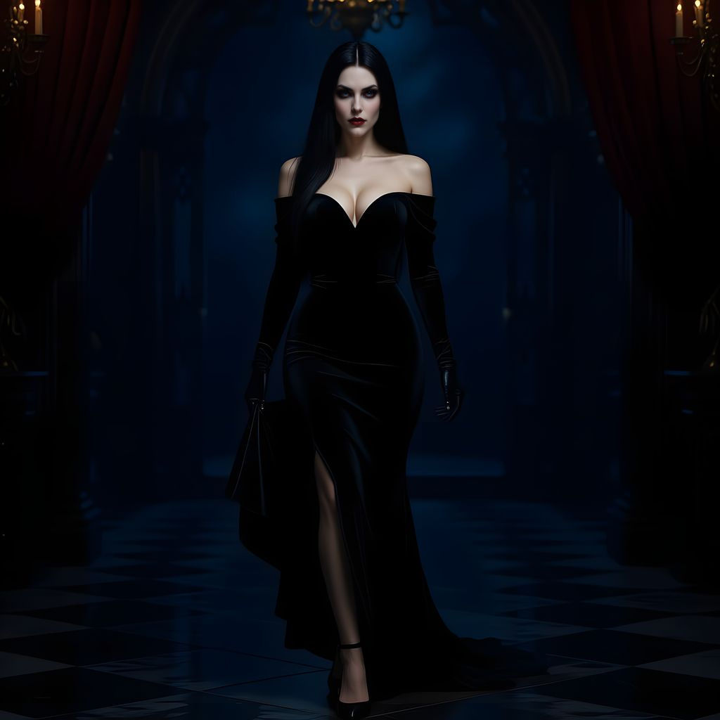 Elegant Vampire in Black Velvet Dress, Dramatic Lighting