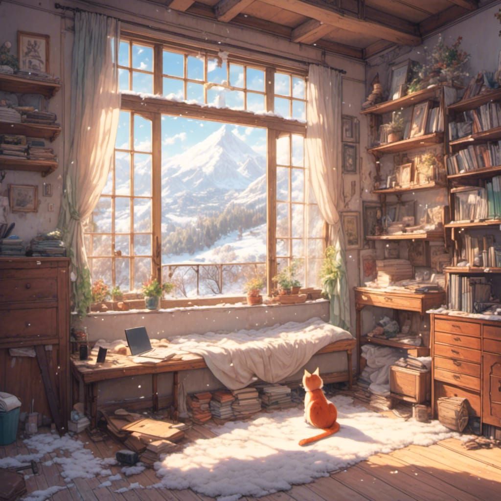 Cozy Snowy Room with Sleeping Cat, Miyazaki Style