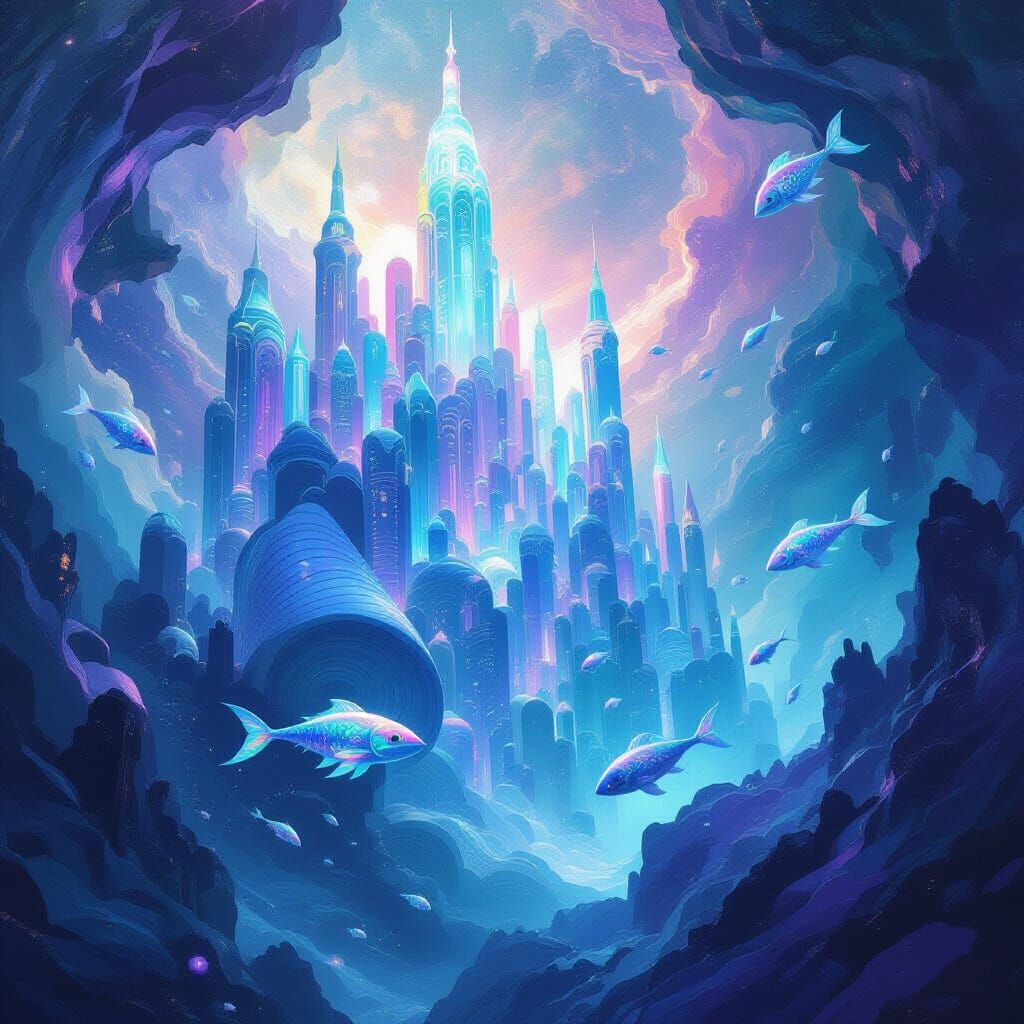 Crystalline City Rising from Nebula in Bioluminescent Fantas...