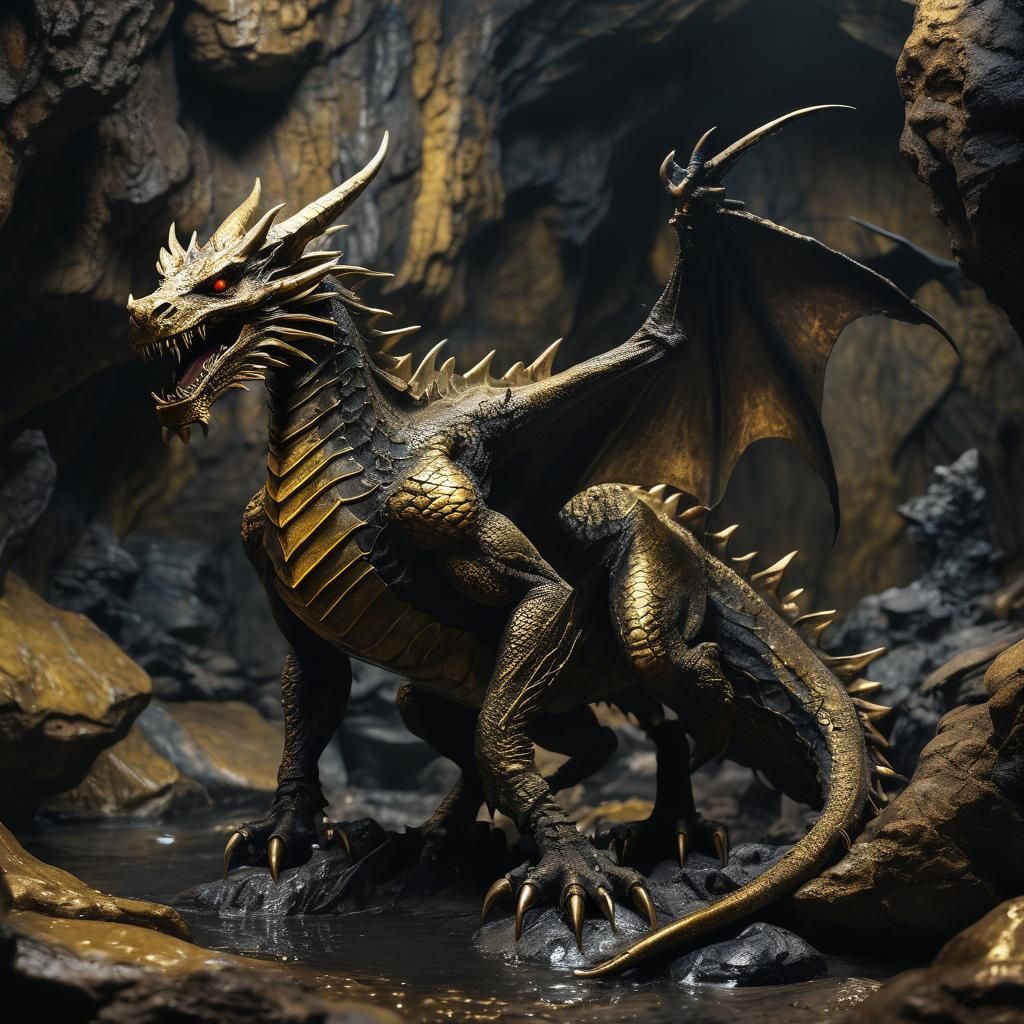 Brass Dragon in a Gold-Lit Cave