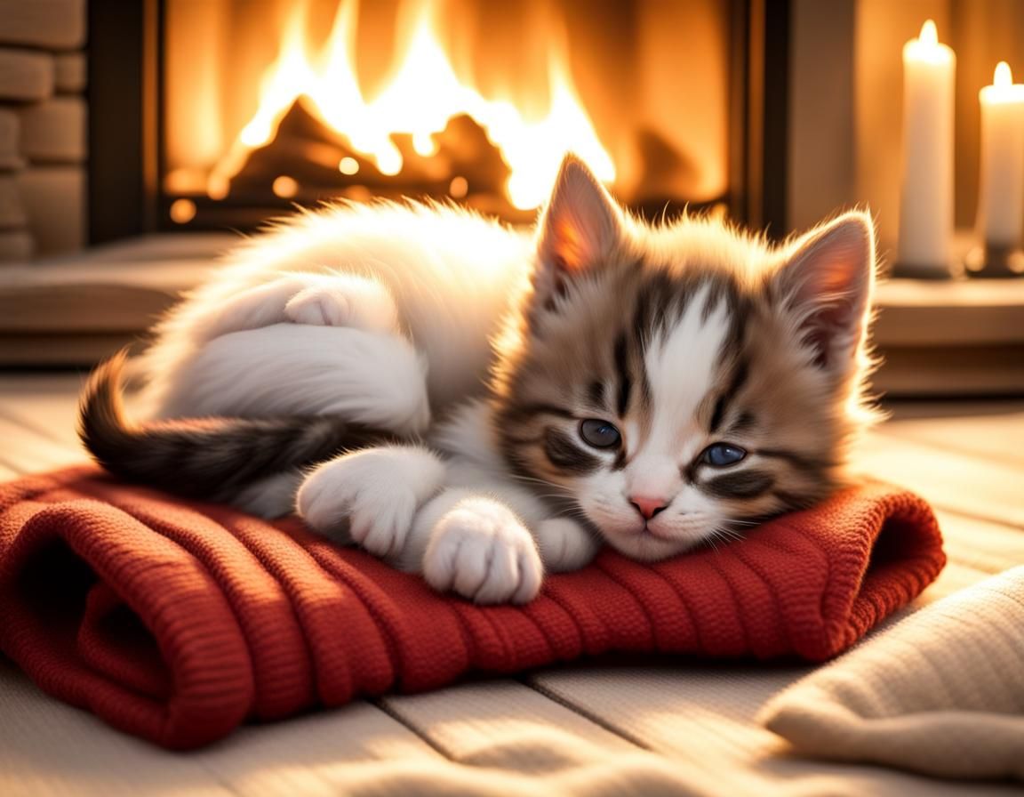 A kitten is sleeping on a pillowed bench in front of the fir...
