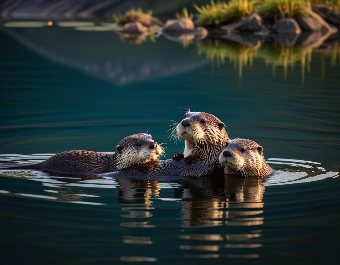 Mother and Baby Otters at Magic Hour