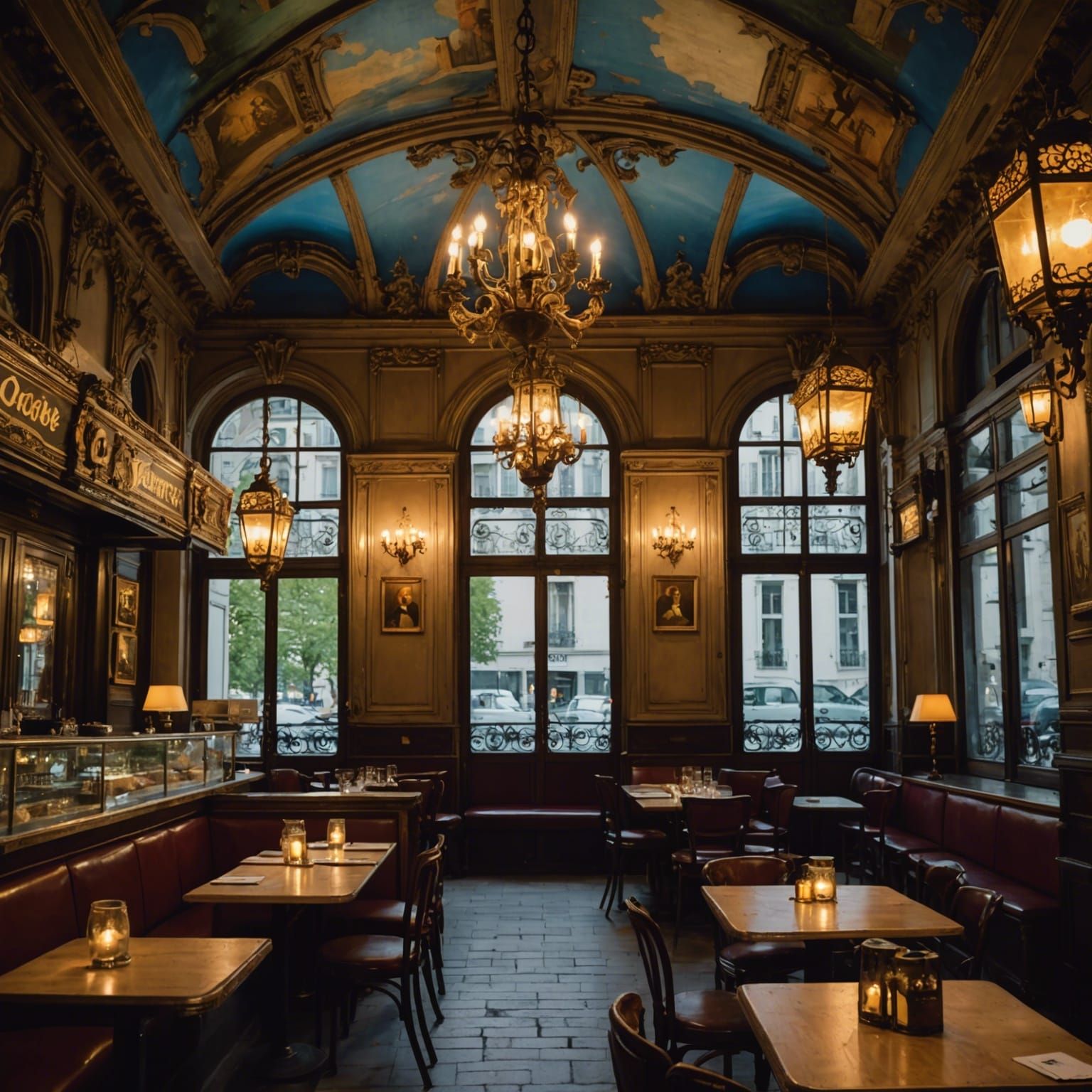 Parisian Cafe Interior, Art Nouveau Style, circa 1900