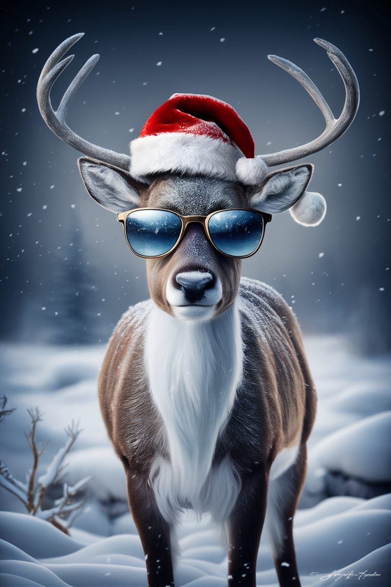 A cool reindeer with sunglasses and a Santa hat, posing conf...