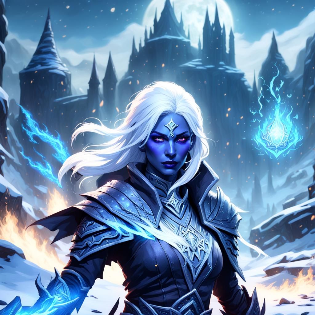 Drow Sorcerer Casting Blue Flame Spell, D&D Portrait