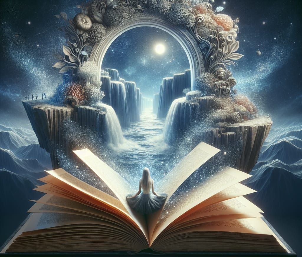 Surreal Book Island in Vibrant Fantasy Landscape