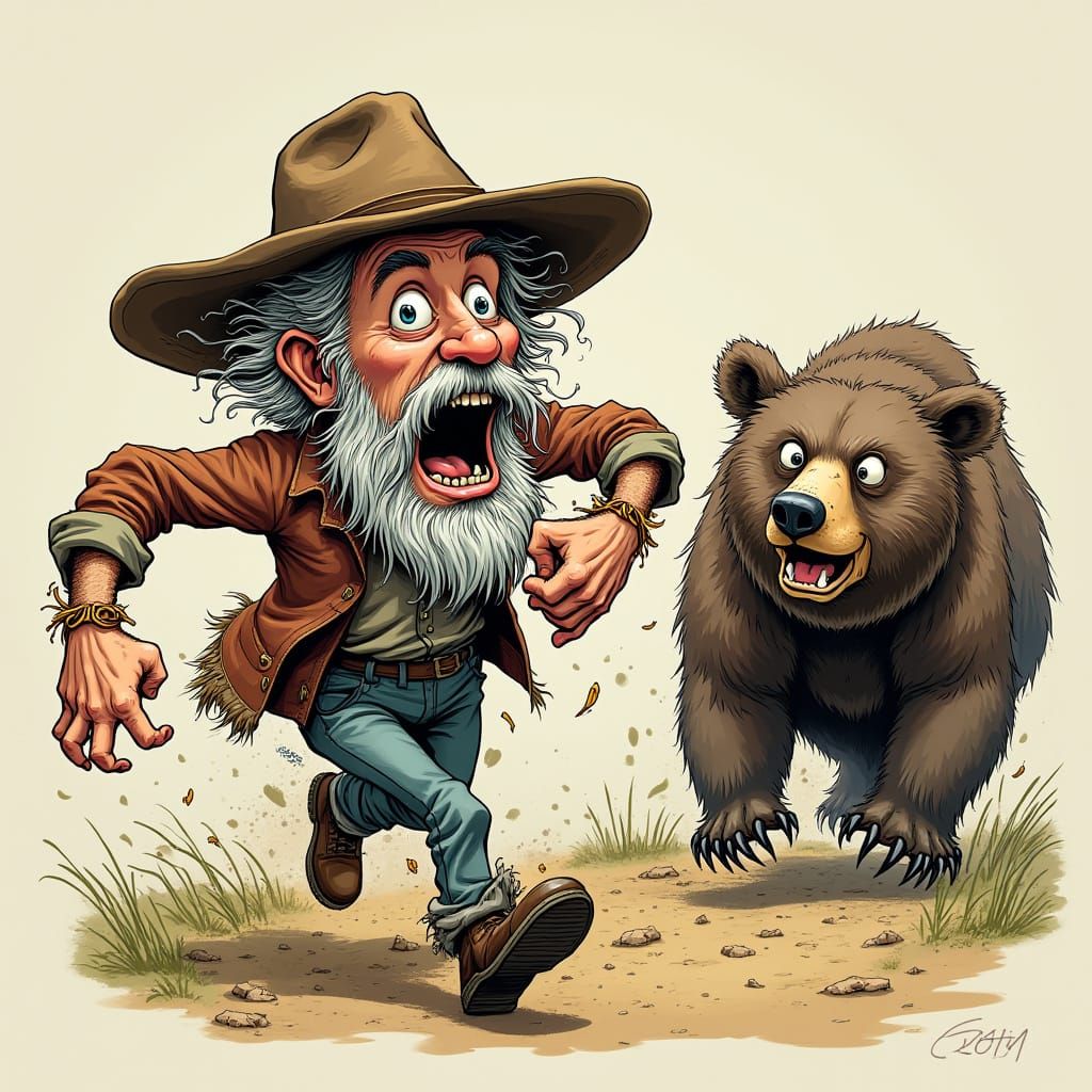 Shocked Bushman Caricature Running From Bear